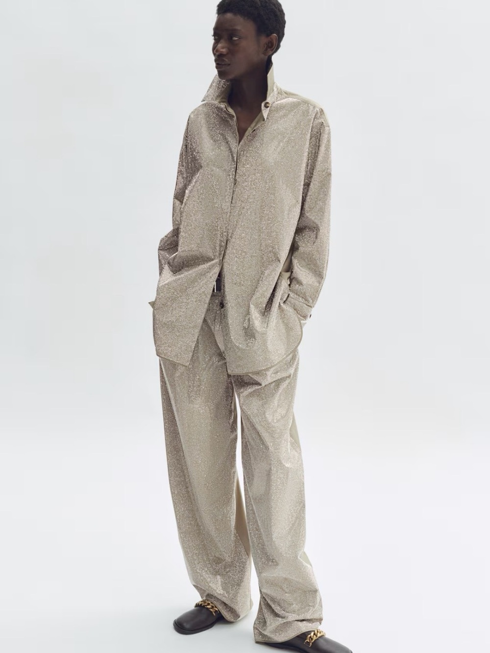 Stella McCartney H&M Metallic Silver-Tone Wide Leg Pants and Shirt Set